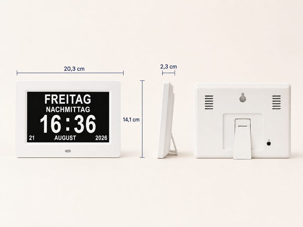 Maße und Ansichten der digitalen Kalenderuhr: 20,3 × 14,1 × 2,3 cm
