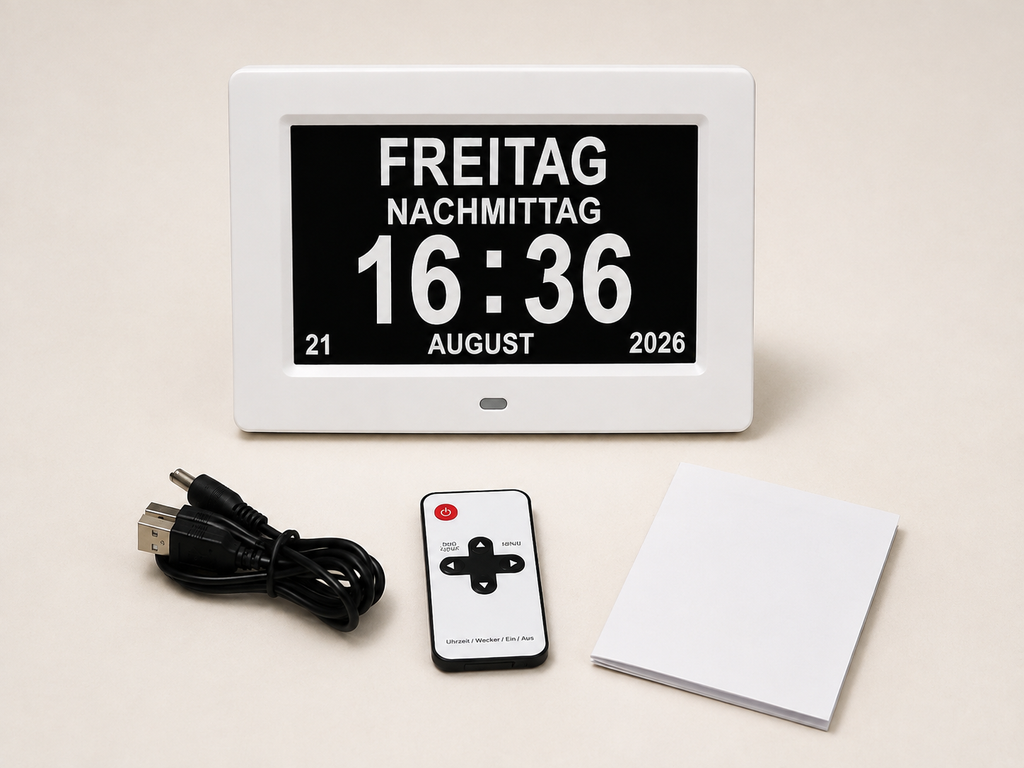 Lieferumfang der Kalenderuhr mit Fernbedienung, USB-Stromkabel und Bedienungsanleitung